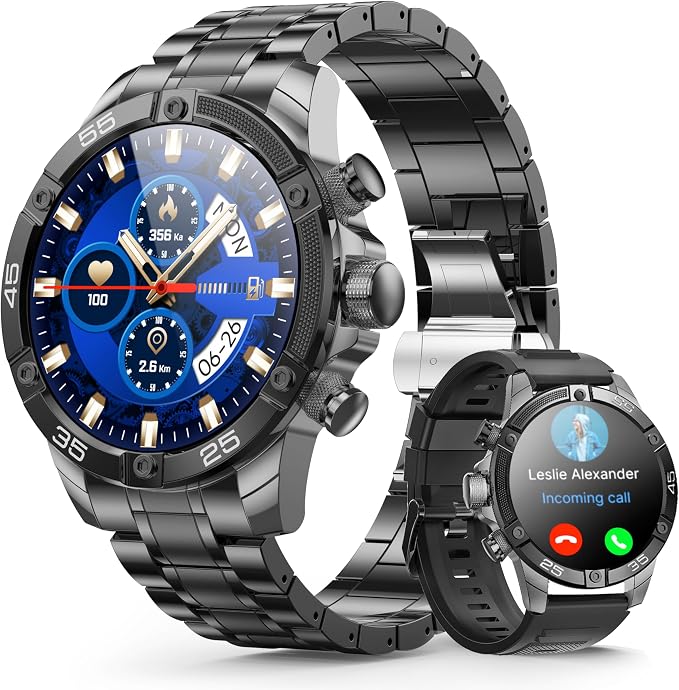 Men's Smart Watch Round HD 1.53" Gold Blue Smart Watches for Men, Multiple Sports Modes, Bluetooth Voice Call. Available for iOS and Android (Black Steel)