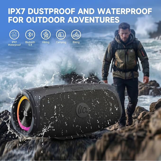 TAZATA Portable Outdoor Bluetooth Speaker, 90W Subwoofer, 100 + Speaker Pairing, BassUp 2.0, IPX7 Waterproof, Floatable, Bluetooth 5.3, RGB Lights, 6 Custom EQ, for Party Beach Pool - Black