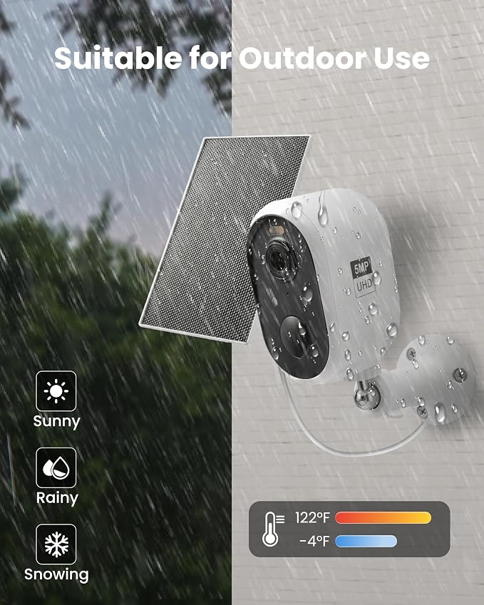 Solar Security Camera Outdoor Wireless, 5MP(3K) Color Night Vision, Battery Powered PIR Motion Detection,2.4GHz WiFi Cameras for Home Surveillance, Light and Sound Alarm, 2-Way Audio, Waterproof