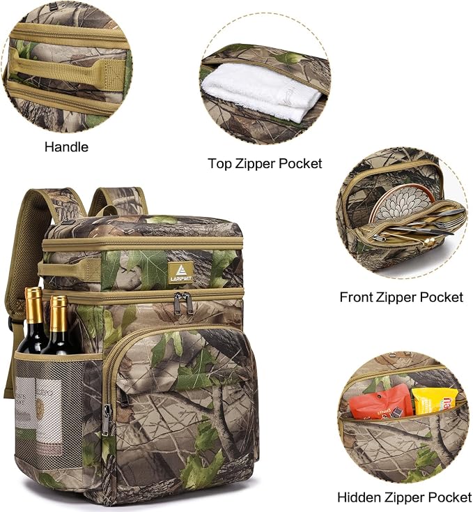 Laripwit Picnic Backpack Cooler - 54 Cans Large Soft Camo Lunch Backpack Bag Insulated Leakproof with Double Deck Compartment