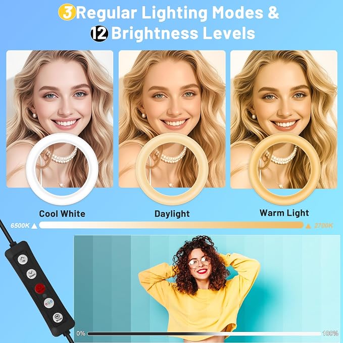 12'' Ring Light with Stand 75'' Tall & Phone Holder, 100+ Color Modes Selfie Light with Tripod Stand, Big LED Circle Lights for iPhone/Android/Camera/YouTube/Makeup/Live Stream/TikTok/Video