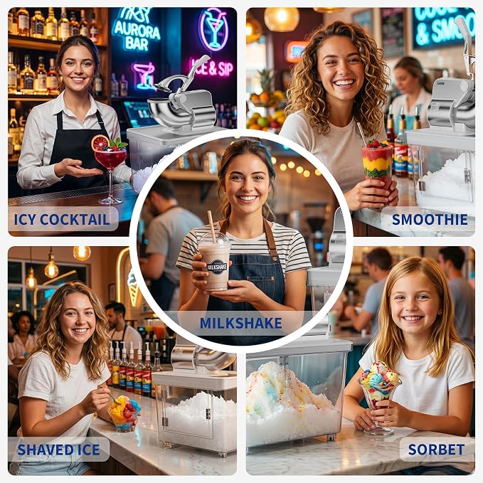 Commercial Ice Crusher 750LBS/H, 350W Electric Snow Cone Machine with 4 Stainless Steel Blades, 2000RPM, 8.98Gal Hopper Shaved Ice Maker with Safety On/Off Switch for Home, Restaurants, Bars, White