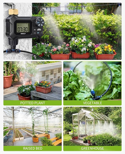 HIRALIY 59FT Drip Irrigation Kit with Water Timer, Quick-Connect Garden Watering System with 15 Adjustable Misting Nozzles, 1/4 in Tubing for Greenhouse, Hanging Plants & Raised Beds