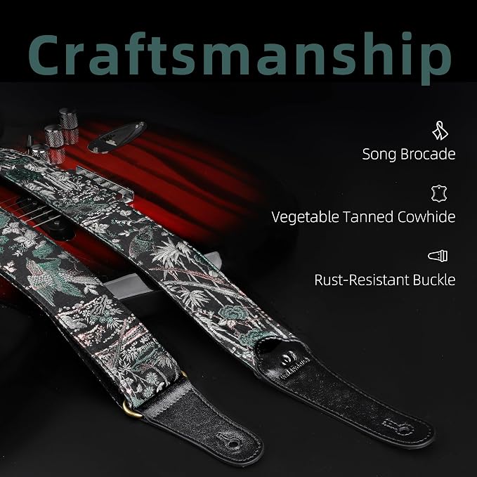 Guitar Strap, Electric& Acoustic Bass Guitar Straps,Embroidered Filament with Head Cowhide Leather Strap, with Free Strap Button,2 Guitar Strap Locks，4Guitar Pick (Birds and Flowers)