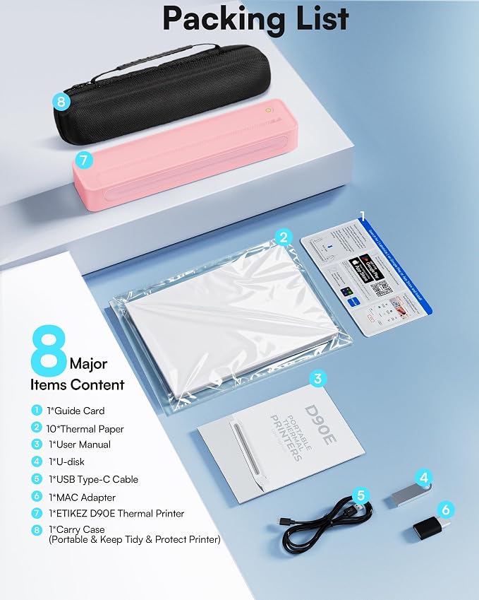 D90E Inkless Portable Printer for Travel, Supports 8.5 x 11 Inch Thermal Paper Wireless Thermal Printer Bluetooth, with Travel Case & 10 Sheets for Students, Office, School, Pink