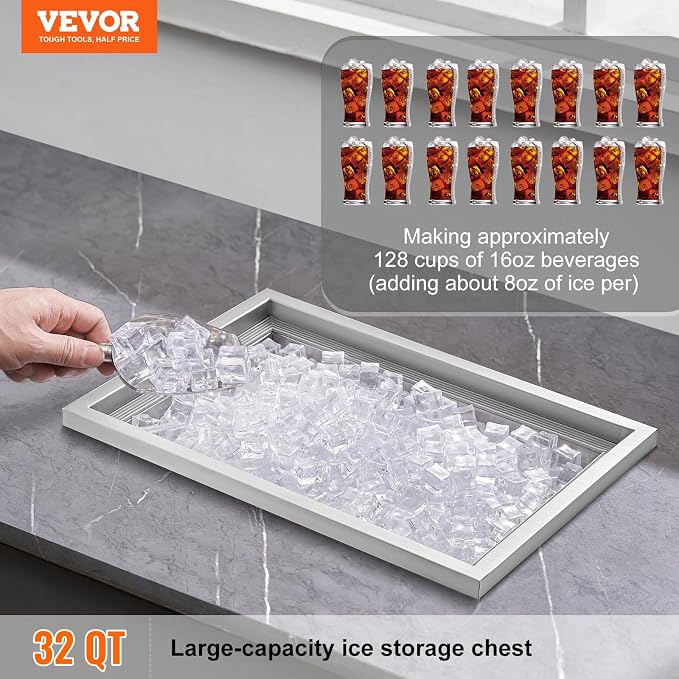 VEVOR Drop in Ice Chest, 20" L x 14" W x 12" H Stainless Steel Ice Cooler, Commercial Ice Bin with Cover, 40 qt Outdoor Kitchen Ice Bar, Drain-Pipe and Drain Plug Included, for Cold Wine Beer