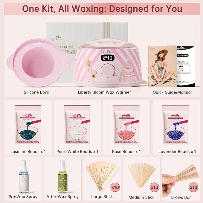 Lifestance Waxing Kit for Women & Men - L3 Liberty Bloom Digital Warmer, Silicone Wax Pot Liner, Hair Removal Kit with 14.1oz Hard Wax Beads & Oil Spray Professional for Home Brazilian Bikini Face Leg