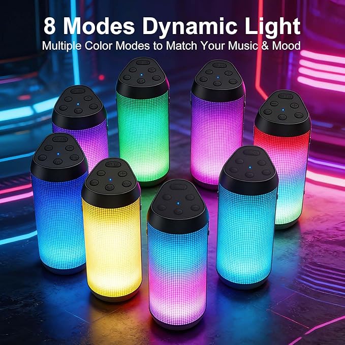 Portable Bluetooth Speaker, 20W Stereo Loud Sound, 8 Modes LED Light Show, 30H Playtime, IPX4 Waterproof, TWS Pairing, Built-in Mic, BT5.3 Wireless Speaker for Outdoor, Party, Travel, Home, Ideal Gift