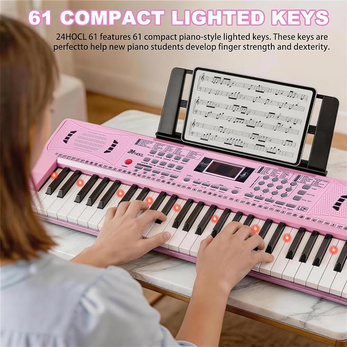 Keyboard Piano 61 Lighted Keys, Electric Keyboard Kit with 100 Voices, 100 Rhythms - Built-In Speaker, Microphone, Sheet Stand and Power Supply, Gift for Children Beginners [Pink, Piano Only]