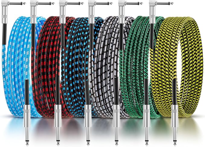 6 Pack 10ft Multicolored Guitar Cables, Durable Instrument Cords for Guitar, Bass, Keyboard – Quality Copper & PE Material, Flexible Design for Easy Performance Setup