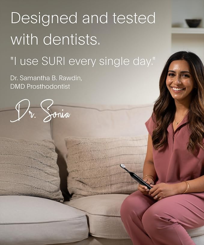 SURI 2.0 New Sonic Electric Toothbrush with Pressure Sensor | 1 Month+ Battery | Electric Toothbrush for Adults | Travel Toothbrushes | Tooth Brush | Black
