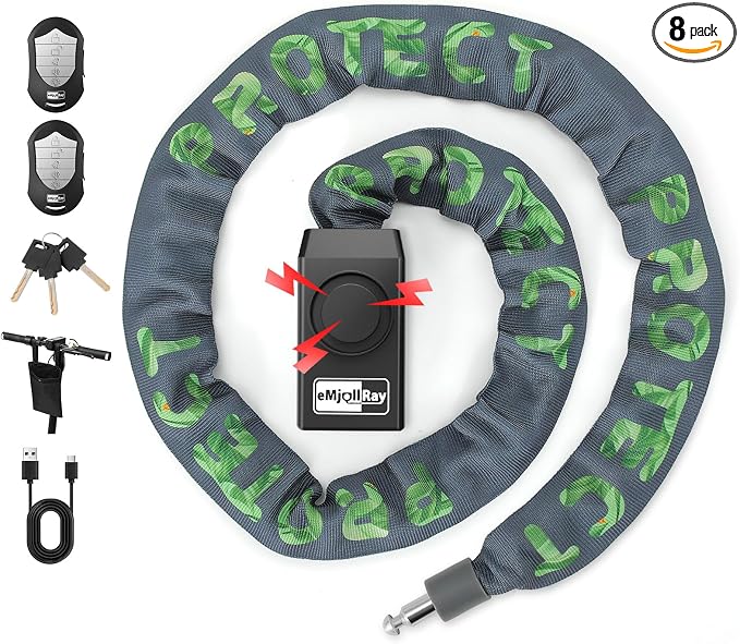 Bike Chain Lock with Alarm E Scooter Lock Anti-Theft Alarm 110dB 4ft Security Heavy Duty with USB C Cable and 3 Keys for Bike/E Scooter/Motorcycle