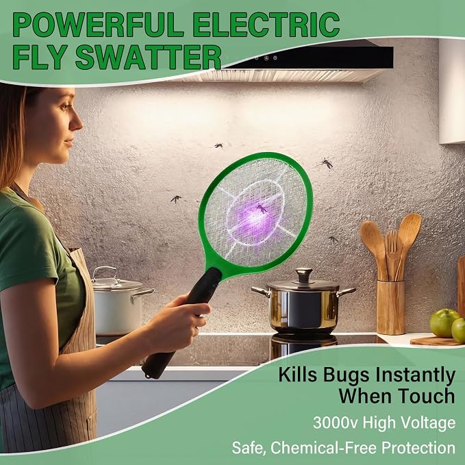 12 Pack Electric Fly Swatter Bulk Bug Zapper Rackets for Indoor Outdoor Insect Control Killer Bat Handheld Mosquito Swatter Battery Powered Electric Bug Killer for Home Patio Camping (Green)