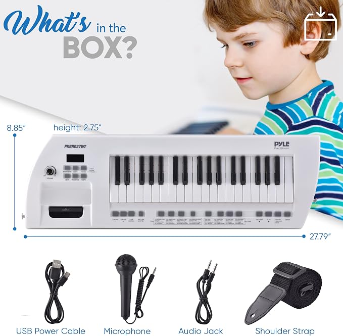 Pyle 37 Key Portable Piano Keyboard, Compact Electronic Piano with Built-in Speakers, Wired Mic, Rechargeable Battery & Strap, Digital Musical Keyboard for Beginners, Travel, and Karaoke Fun
