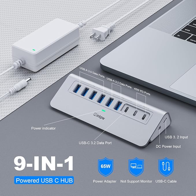 Powered USB Hub 10Gbps, intpw 9-Port USB 3.2 Hub, USB C Hub with USB A/USB C 3.2, 4 USB 3.0, 2 PD 45W Charging Ports, 65W Power Adapter and 3.3FT Cable, Aluminum USB Hub for PC,Laptop,iPhone 17/16/15