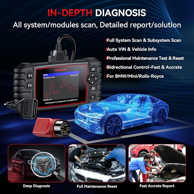 Bidirectional Diagnostic Tool for BMW/Rolls-Royce, iCarsoft BMM V3.0(Enhanced VER) Full Resets/Battery Registration/ECU Coding All System OBD2 Scanner Code Reader with 16PIN+20PIN Diagnostic Adapters