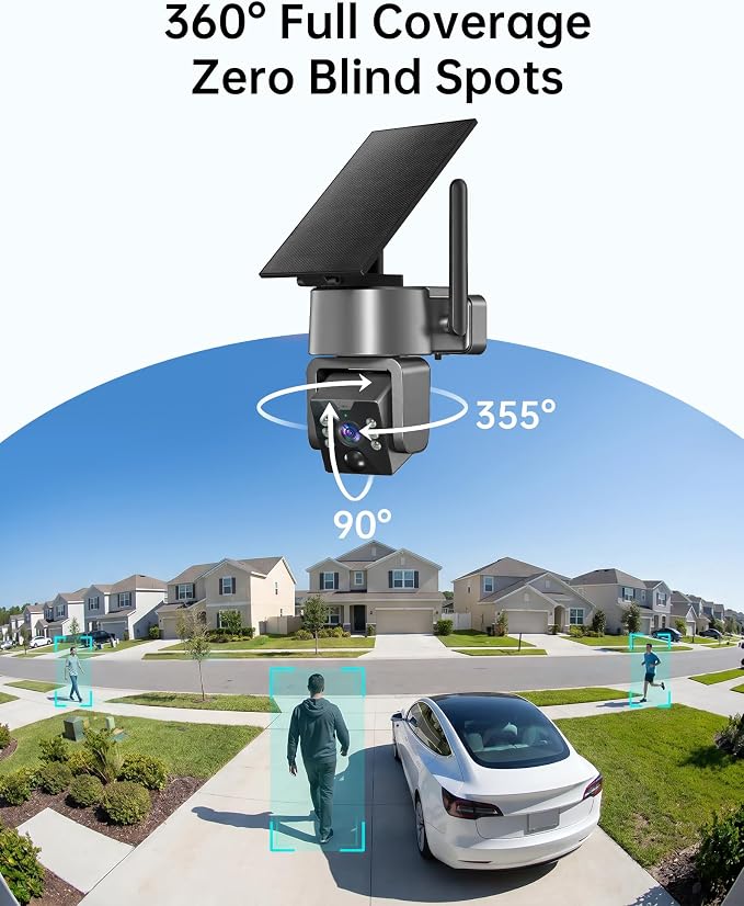 5G & 2.4G Solar Security Camera, Outdoor Security Camera Wireless, 2K Color Night Vision, 360° PTZ Security Camera Outdoor, PIR Human Detection, Two-Way Voice Calling, Alexa