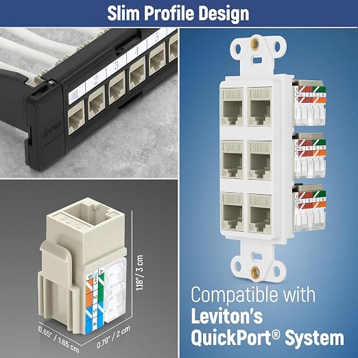 Everest 90° Angled RJ45 Cat6 Keystone Jacks 10-Pack in Ivory - Slim Profile Female RJ45 Connectors - Cat 6 Keystone Jack - Compatible with 90° Angled Speed Termination Tool - easyJACK (B094WB91H3)