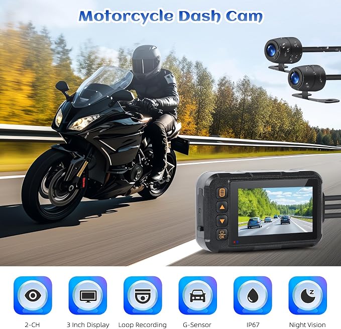 Motorcycle Dash Cam Dual HD Camera Front and Rear View,3" IPS Screen 720P IP67 Waterproof 150° Wide Angle Sportbike Recording DVR with G-Sensor,Loop Recording,Night Vision,Parking Monitor+32G SD