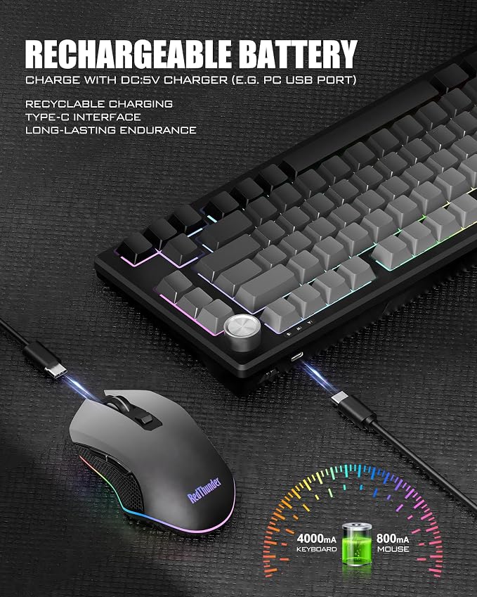 RedThunder K75 Wireless Membrane Keyboard & Mouse Combo,75% Side-Engraved Keycaps,Optical Gaming Mouse with 4800DPI,3 Modes(BT/2.4G/Wired),Dual System,RGB Backlit,Rechargeable Battery,Gradient Gray