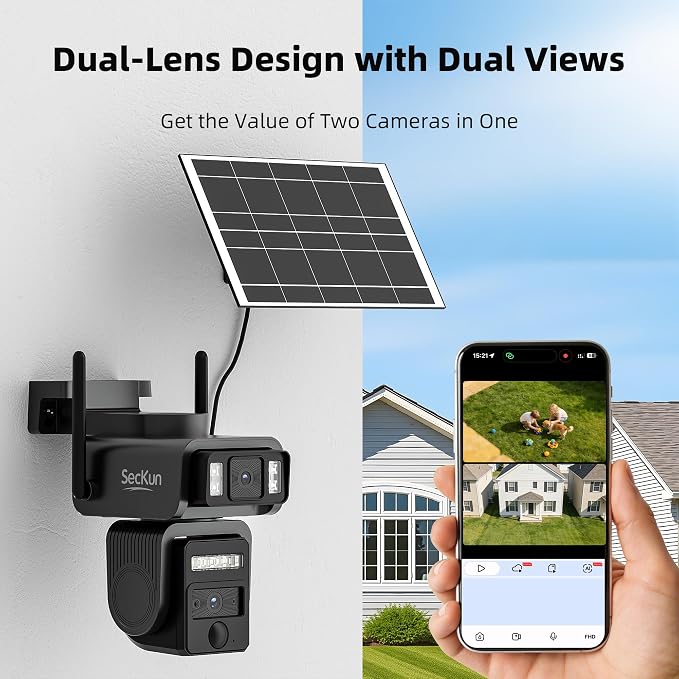 AJ19 Outdoor Solar Wireless Home Security Camera, 2.4GHz WiFi, Dual Lens 360° PTZ, IP66 Waterproof, Color Night Vision, 2-Way Audio, Motion Tracking, Dual Storage