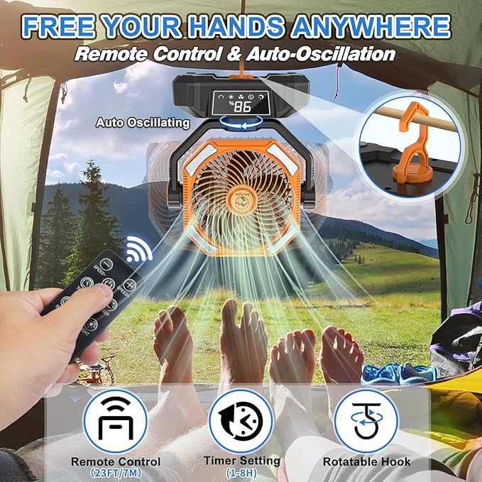 Multper 20000mAh Camping Fan with LED Lantern, 65H Runtime Battery Operated Fan for Tent, Auto-Oscillating Rechargeable Fan with Remote, 4 Speeds Personal Desk Fan for Camping, RV, Jobsite, Outage