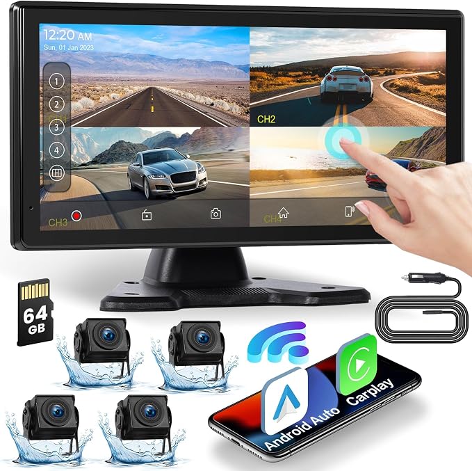 Inefala 4K RV Backup Camera System Wireless CarPlay Android Auto, 10.36" Quad Split Touch Screen Monitor with 4 AHD Rear View Camera, IP68, Night Vision, DVR Loop Recording