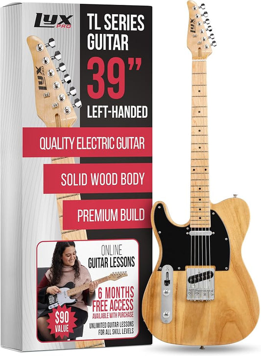 LyxPro 39” Electric Guitar Left Hand TL Series, Full-Size Paulownia Wood Body, 3-Ply Pickguard, C-Shape Neck, Ashtray Bridge, Quality Gear Tuners, 3-Way Switch & Volume/Tone Controls, 2 Picks, Natural