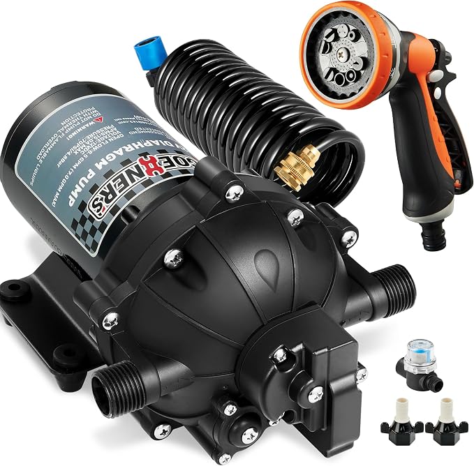 [Upgraded Version] Fresh Water Pump with Spray Gun, 12V DC Water Pump, 6.5GPM 70PSI Five Chamber Self-Priming Diaphragm Water Pump with Heavy Duty Pressure Switch and Strainer