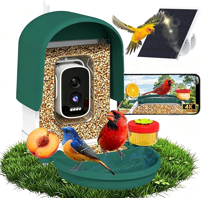 Bird Feeder Camera with 4K HD, App Alerts & Two-Way Audio, Solar Panel, 32GB Card 4-in-1 Perch, 160° View, Auto Detect & AI Identify - Wireless Outdoors Weatherproof Design (Army Green)