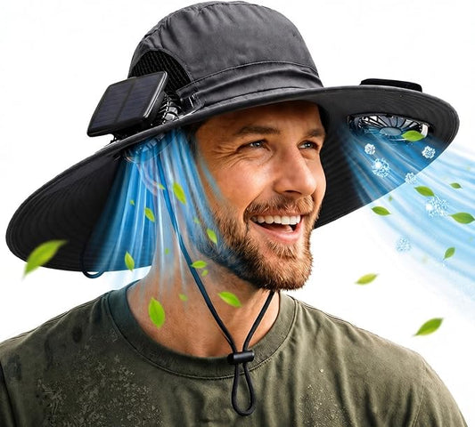Berlune Sun Hat with 2 Solar Fan Wide Brim Fishing Bucket Hat USB & Solar for Men Women UPF 50+ Cooling for Fishing Beach