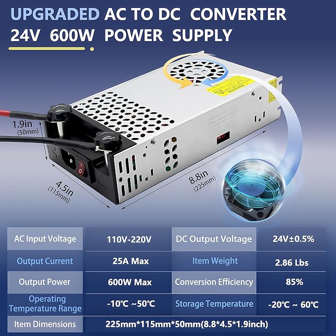 New Upgraded DIY SMPS 110V AC to DC 24V 25A 600W Power Supply, 24V Power Supply,110V to 24V Converter Voltage Transformer for Motor Pump CCTV 3D Printer Air Compressor Led (24V-25Amp-600W, 24V)