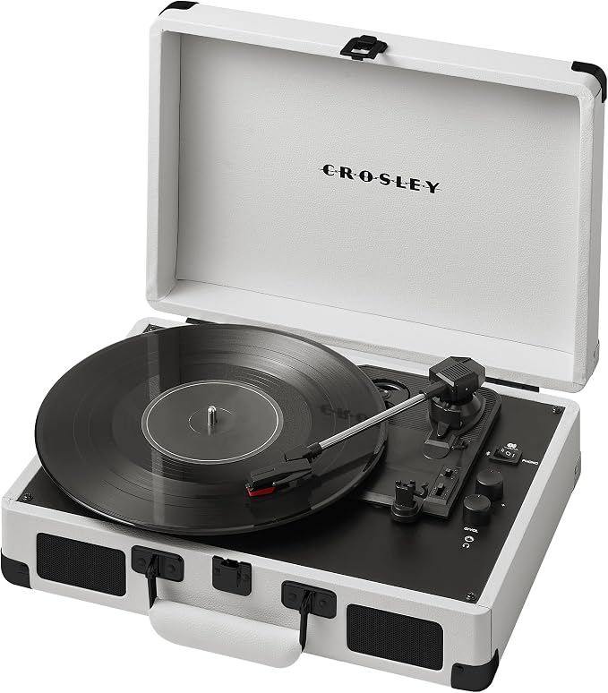 Crosley CR8005DP-WF Cruiser Plus Vintage 3-Speed Bluetooth in/Out Suitcase Vinyl Record Player Turntable, White Farmhouse