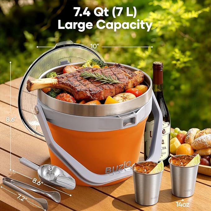 BUZIO 7 L Ice Bucket with Lid, Scoop, Tongs & Metal Stainless Steel 14 oz Cups, Keep Cold for 48 Hrs, Double Wall Vacuum Insulated Large Beer Bucket for Parties Cocktail Bar, Orange
