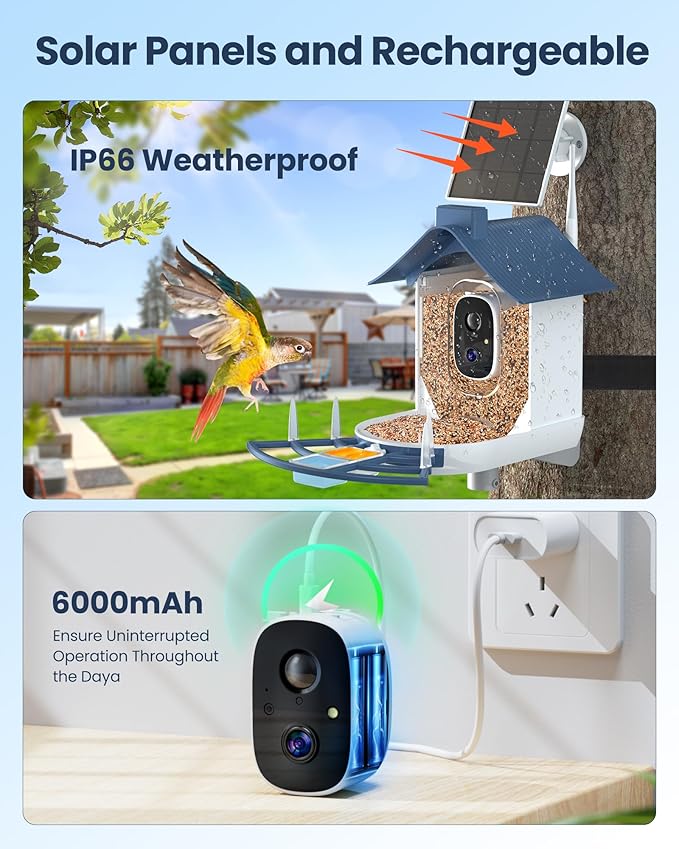 Smart Bird Feeder with Camera, AI Bird Identification, Solar Powered Wireless Outdoor Bird Watching Camera, Auto Capture Video & Instant Notifications for Bird Lovers