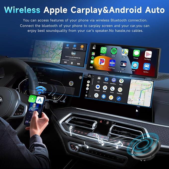 Podofo 10.26" Touchscreen Wireless Carplay Portable Car Stereo Android Auto, Car Play Navigation, Voice Control, Bluetooth/AUX/FM, Car Radio Receiver