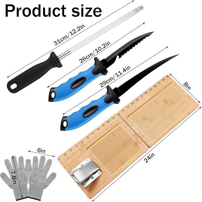 6 Pcs Fish Cleaning Kit Include Cutting Board Fish Fillet Boards with Clamp 2 Knife Cut Resistant Gloves Scale with Built in Measuring Tape Sharpening Rod(Foldable)