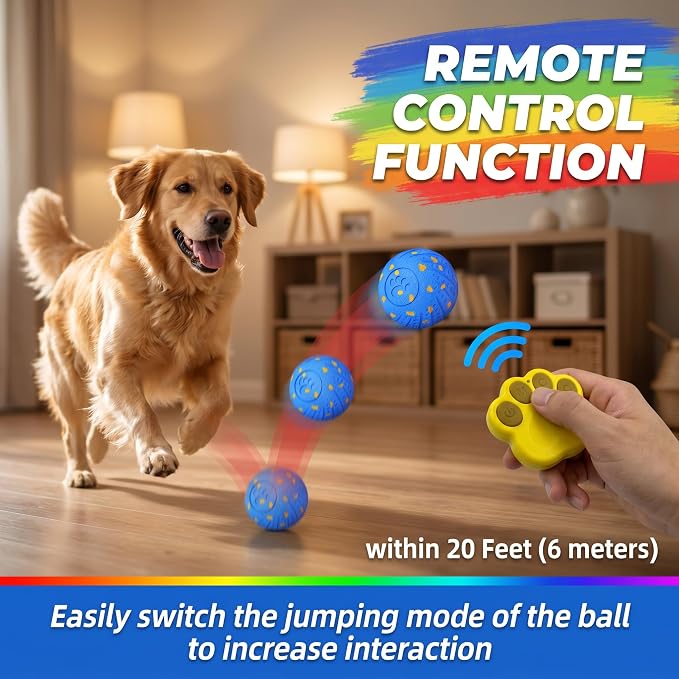 TEYYVN Interactive Dog Toys Dog Ball – Smart Moving Bouncing Dogs Ball, E-TPU Smart Dog Ball with Remote Control, Automatic Rolling Dog Toy for Small Medium Dogs for Indoor/Outdoor Use （Blue）