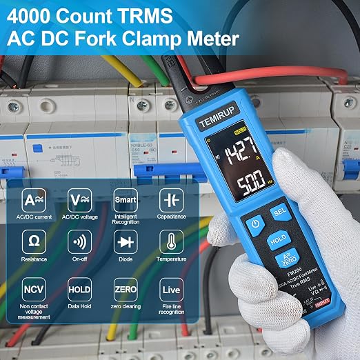 Digital Clamp Meter Multimeter with U-Shaped Jaw for AC/DC Current & Voltage, Auto-ranging 4000 Counts Voltage Tester with Large LCD Backlight, Measuring Temperature Continuity Diode NCV