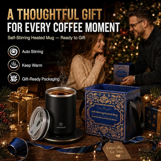 Self Stirring Heated Coffee Mug, 10 oz Auto Magnetic Mixing Cup, Black | 304 stainless steel interior. Includes 3 heat settings, 8H auto shut-off, plug-in base for home office desk