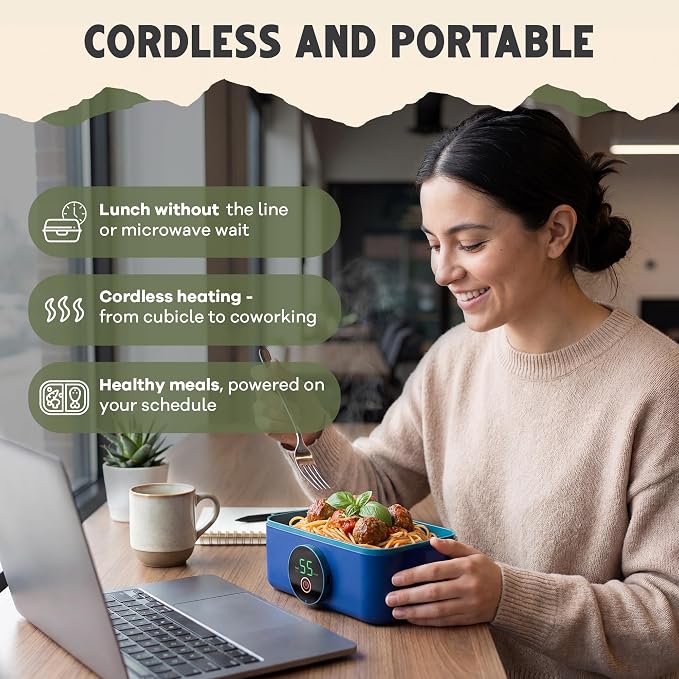 Oaktiv Lunch Box Warmer, Electric Heated Lunch Box for Adults, 4-Cup Cordless Portable Food Warmer with Scheduled Timer, Rechargeable with Insulated Bag