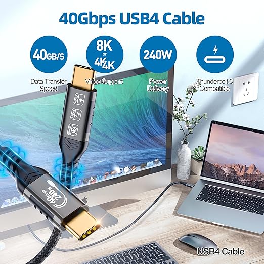 Short USB C Thunderbolt 4 Cable 1.65ft, USB4 Braided Cables 40Gbps, 8K 60Hz PD 240W Compatible with Thunderbolt 4/3, USB4/3, Type C, for Mac MacBook Pro, SSD eGPU, 0.5 Meter