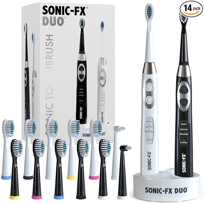 Sonic-FX Duo Rechargeable Electric Toothbrush Set - with 14 Brush Heads, 3 Modes, Smart Auto-Timer, Charging Dock Holder - Dual Handle Electric Tooth Brush for Adults & Kids, Black and White