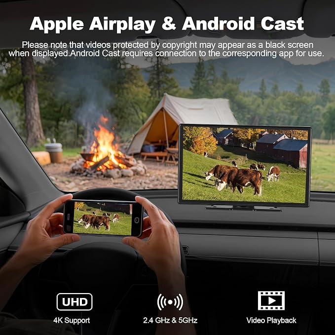 9'' Wireless CarPlay Screen for Car, Apple Car Play & Android Auto Car Stereo HD Touchscreen with 4K Dash Cam & 1080P Backup Camera, GPS Navigation & Mirror Link, for Most Vehicles