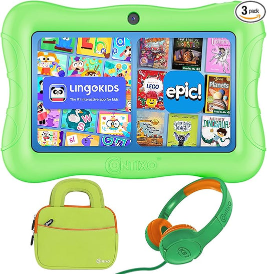 Contixo 7 inch Kids Tablet Bundle - Android Tablets and Kids Wired Headphones, with 14+ Games and Educational Apps, WiFi, 32GB ROM, Learning Tablet for Kids - Green