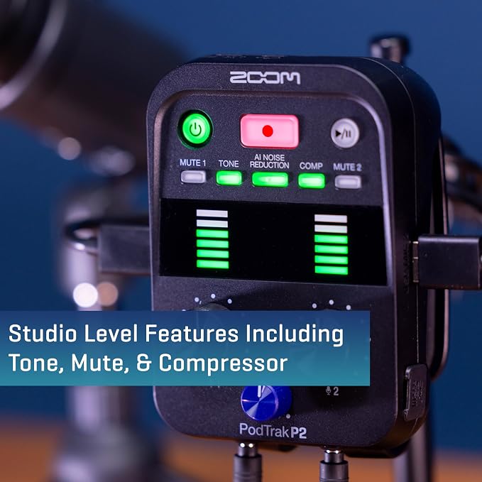 Zoom PodTrak P2 Podcast Recorder, 2 USB Mic Inputs, 2 Headphone Outputs, AI Noise Reduction, Tone & COMP Effects, Remote Guest Recording, SD Card, Battery/USB-C Powered