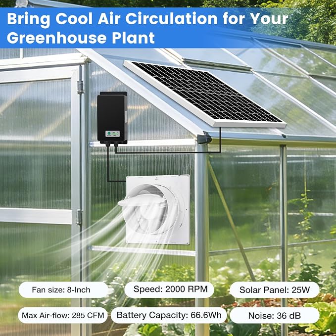 Fanspex Solar Exhaust Fan, Solar Powered Vent Fan Kit for Outside Greenhouse Shed Chicken Coop (8" Fan with Battery)