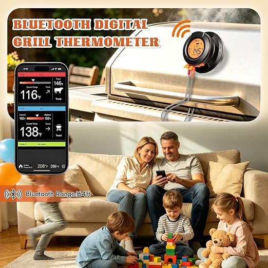 Bluetooth Smart Grill Gauge Thermometer with 2 Hub Meat Probes for Kamado Joe Grills Weber Smoker Offset Replacement Accessories,Universal Version Digital Grill Thermometer Real Time Monitoring