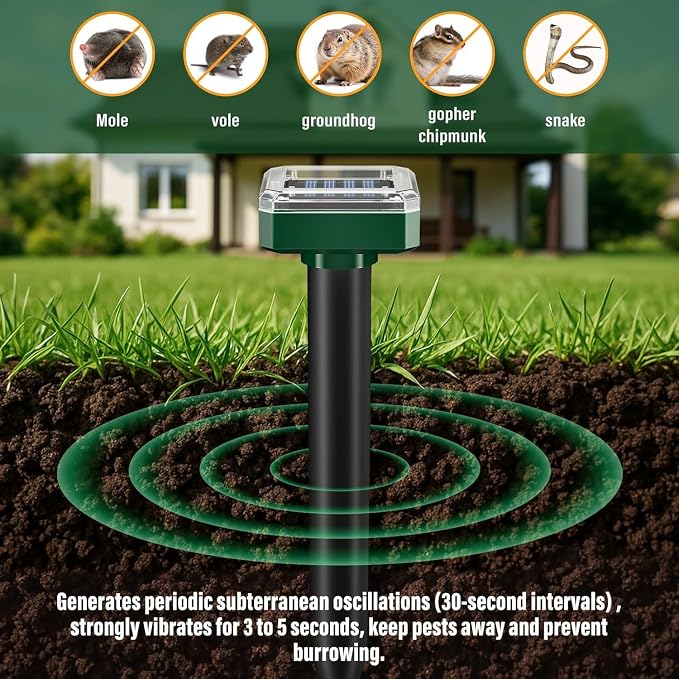 Mole Repellent Solar Powered 10 Pack, Humane Sonic Spikes Stakes Outdoor Waterproof, Repel Snake Groundhog Chipmunk Vole Gopher, Effective Rodent Repellent for Lawns, Garden, Farm