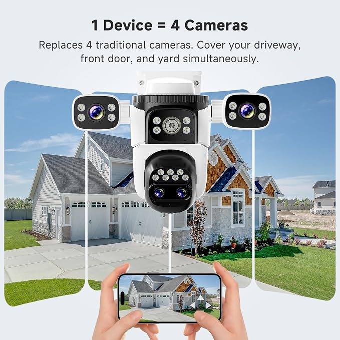 VSTARCAM 4-Lens Security Cameras Wireless Outdoor, 4-in-1 Multi-View 2K 360° PTZ Plug-in WiFi Camera, 10X Hybrid Zoom, AI Motion Tracking, Color Night Vision, IP66, 64GB Card Included